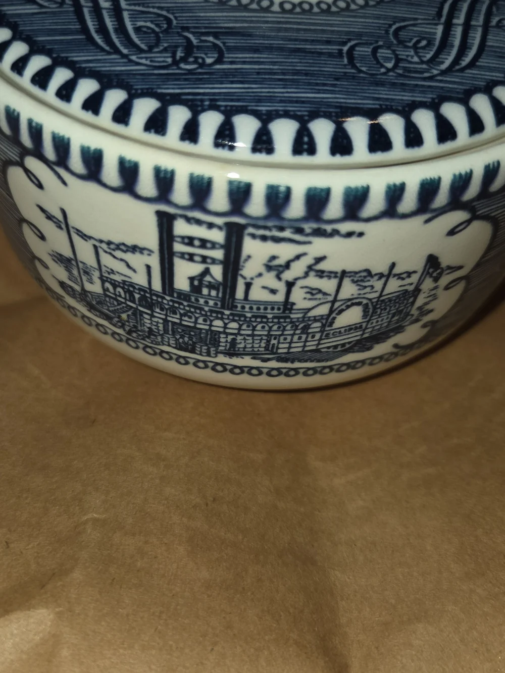 VTG Royal CURRIER & IVES BLUE Steamboat Ctr SUGAR BOWL & LID